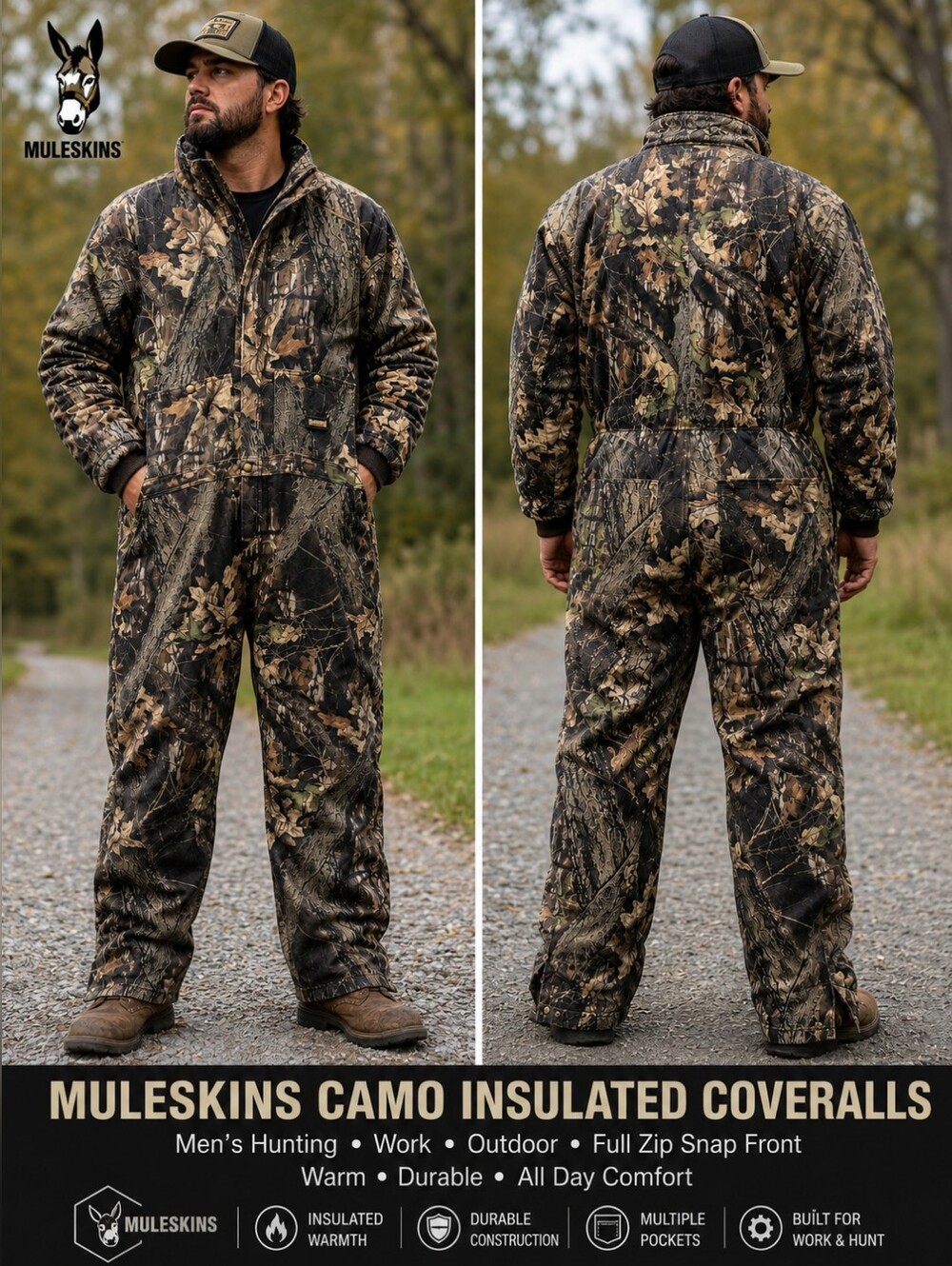 Muleskins  Camo Insulated Coveralls Men's Hunting Work Outdoor Full Zip Snap...